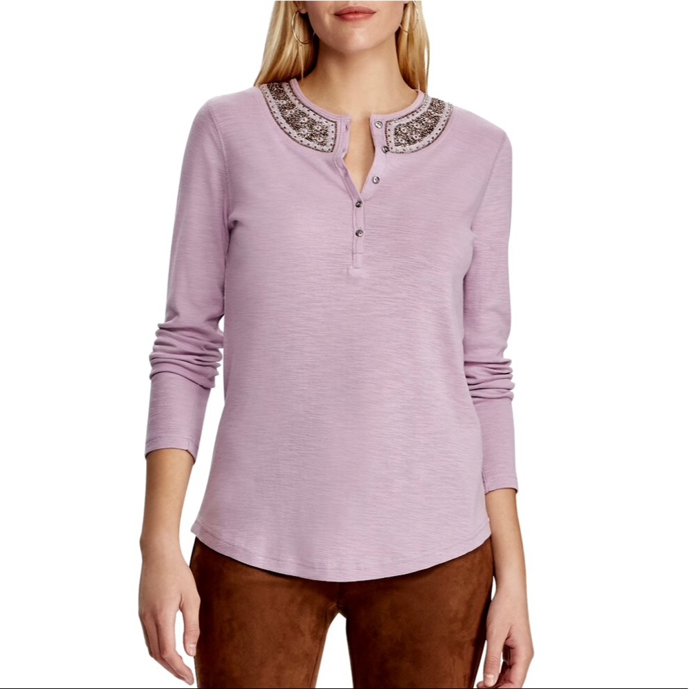 CHAPS Embellished Neckline Lilac Henley Top / M